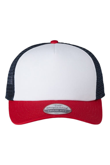 Imperial 1287 Mens North Country Trucker Hat White/Red/Dark Navy Blue Flat Front