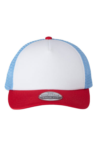 Imperial 1287 Mens North Country Trucker Hat White/Red/Sky Blue Flat Front