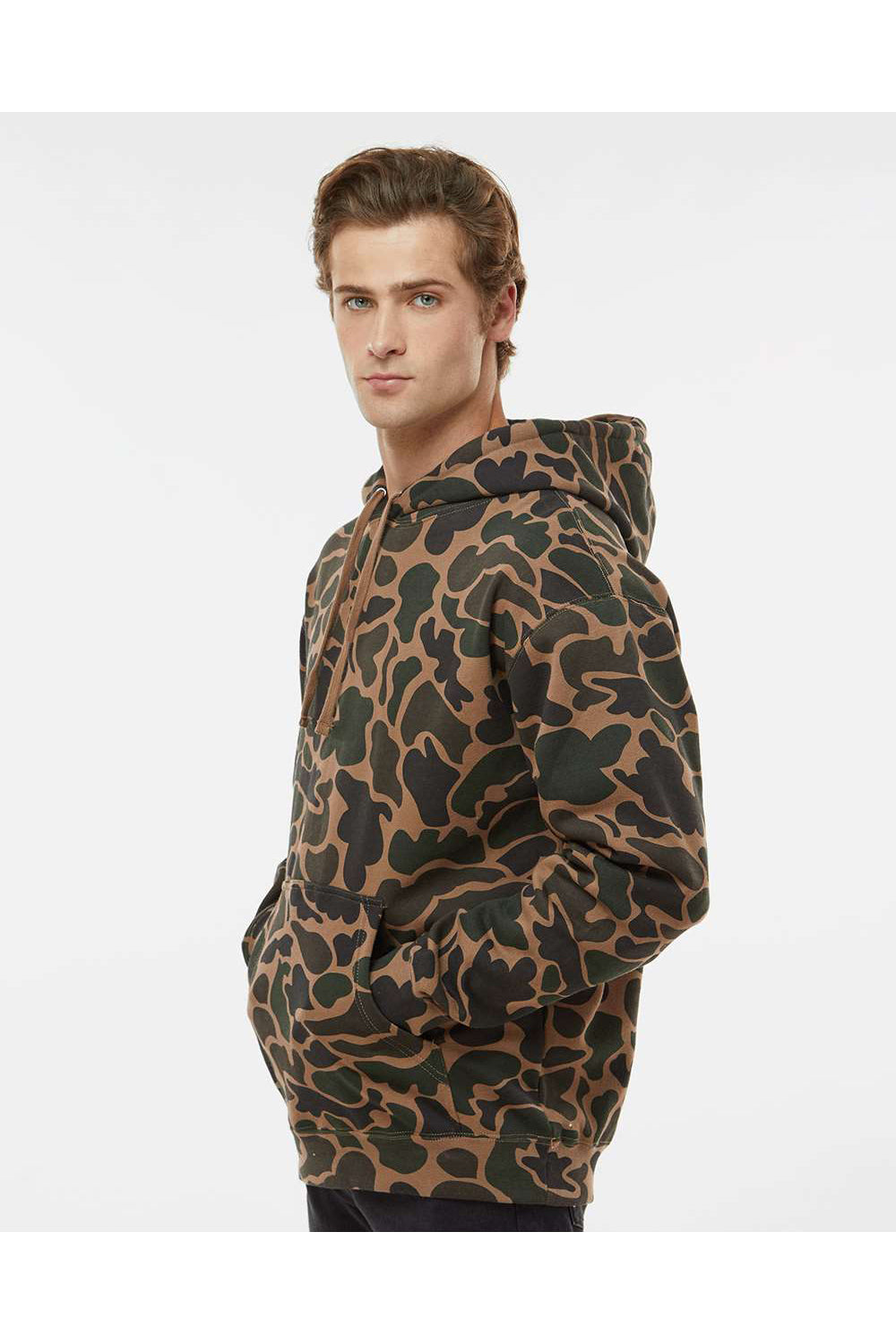 Independent Trading Co. IND4000 Mens Hooded Sweatshirt Hoodie Duck Camo Model Side