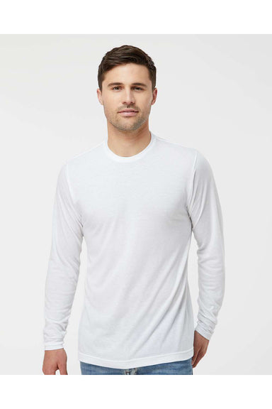 Tultex 242 Mens Poly-Rich Long Sleeve Crewneck T-Shirt White Model Front