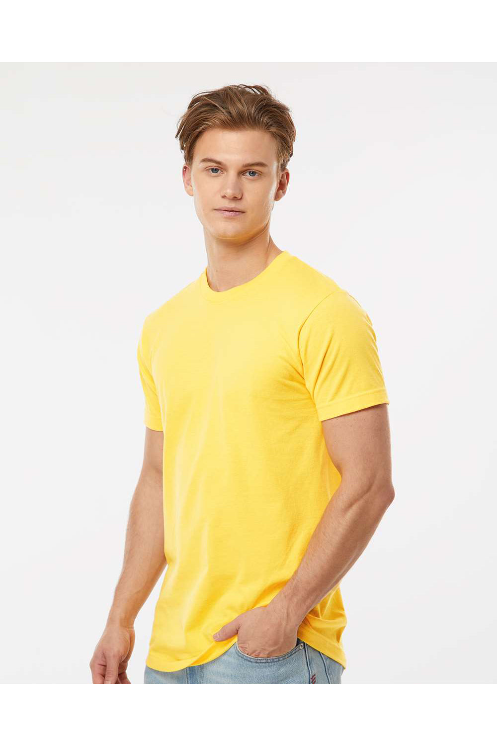 Tultex 202 Mens Fine Jersey Short Sleeve Crewneck T-Shirt Sunshine Yellow Model Side