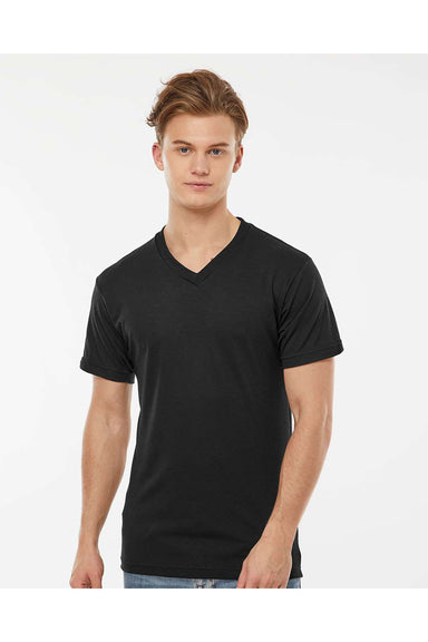 Tultex 207 Mens Poly-Rich Short Sleeve V-Neck T-Shirt Black Model Front