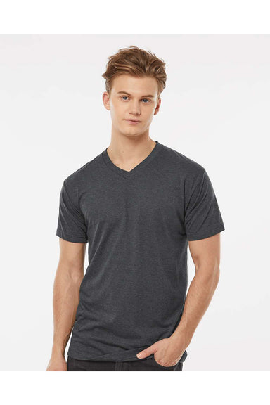 Tultex 207 Mens Poly-Rich Short Sleeve V-Neck T-Shirt Heather Charcoal Grey Model Front