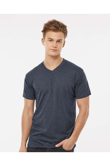 Tultex 207 Mens Poly-Rich Short Sleeve V-Neck T-Shirt Heather Navy Blue Model Front