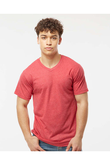 Tultex 207 Mens Poly-Rich Short Sleeve V-Neck T-Shirt Heather Red Model Front