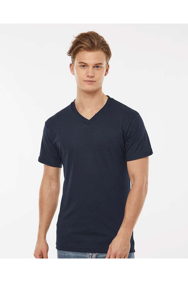 Tultex 207 Mens Poly-Rich Short Sleeve V-Neck T-Shirt Navy Blue Model Front