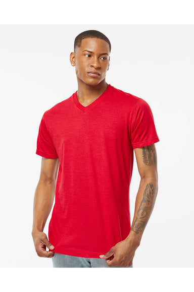 Tultex 207 Mens Poly-Rich Short Sleeve V-Neck T-Shirt Red Model Front