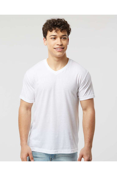 Tultex 207 Mens Poly-Rich Short Sleeve V-Neck T-Shirt White Model Front