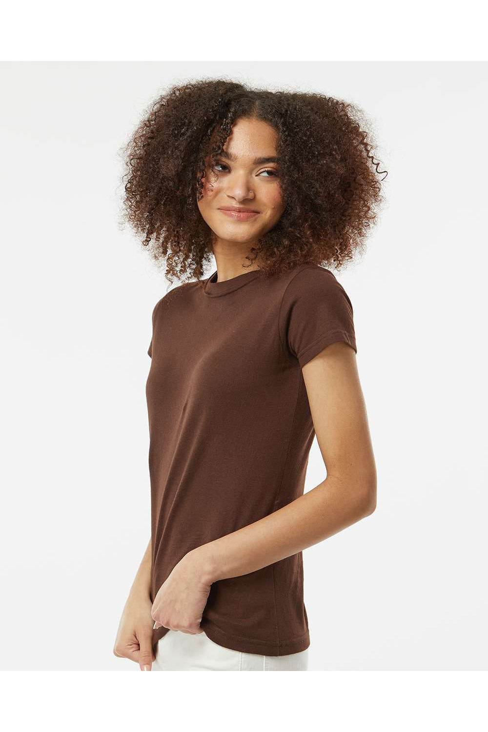 Tultex 213 Womens Fine Jersey Slim Fit Short Sleeve Crewneck T-Shirt Brown Model Side