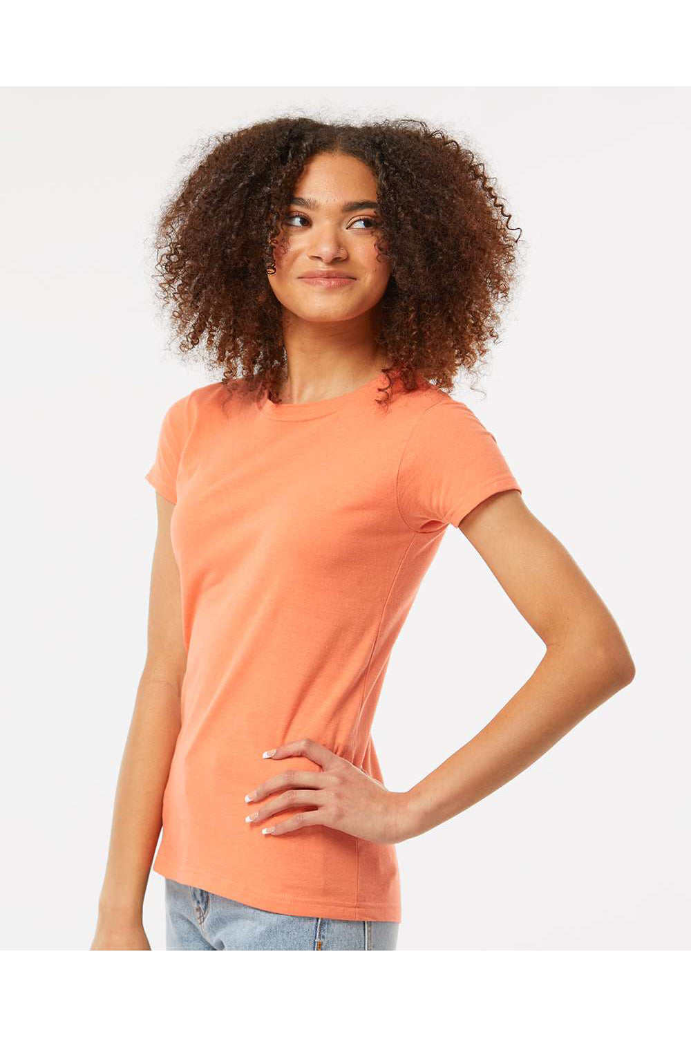 Tultex 213 Womens Fine Jersey Slim Fit Short Sleeve Crewneck T-Shirt Coral Orange Model Side