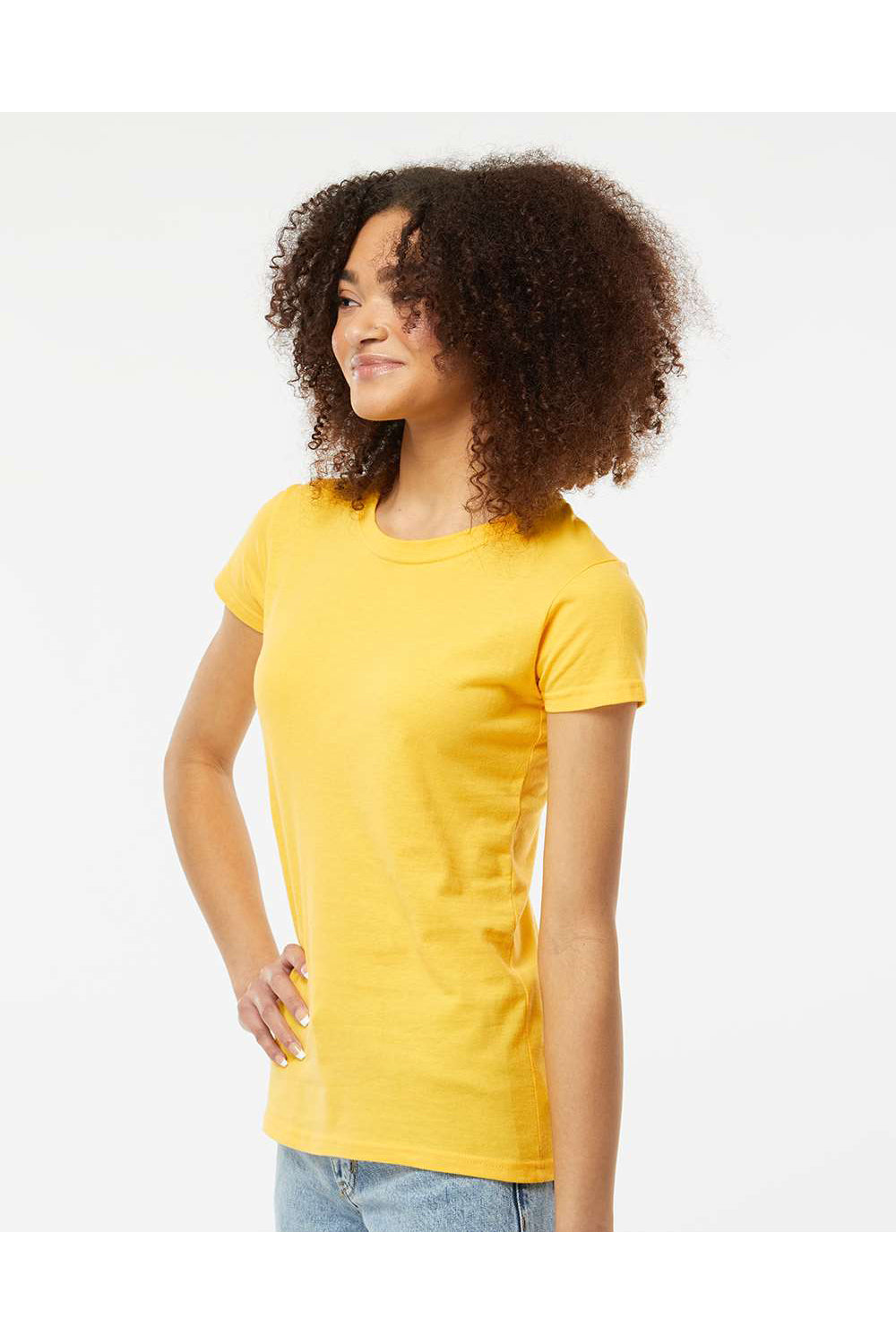 Tultex 213 Womens Fine Jersey Slim Fit Short Sleeve Crewneck T-Shirt Sunshine Yellow Model Side