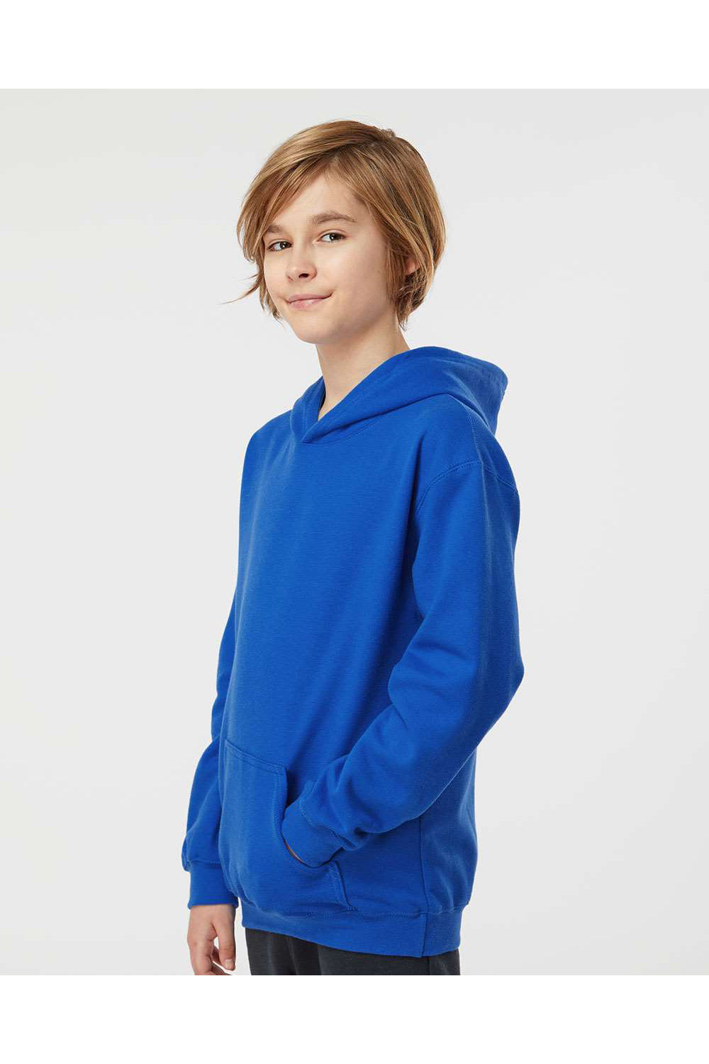 Tultex 320Y Youth Hooded Sweatshirt Hoodie Royal Blue Model Side