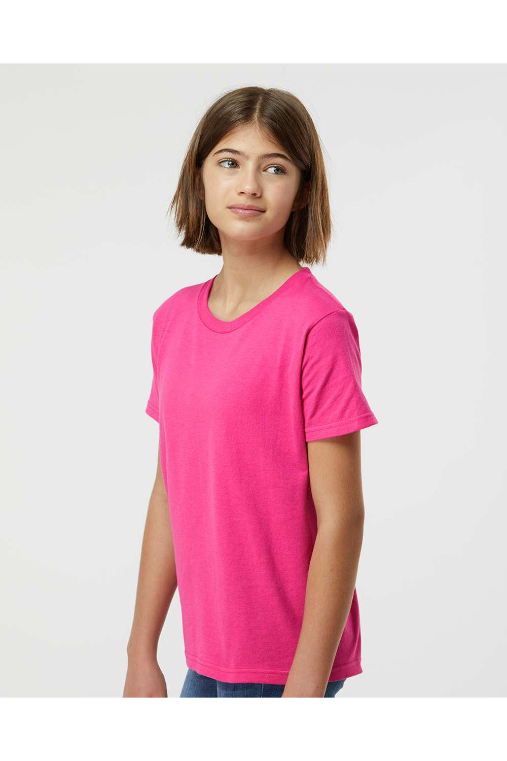 Tultex 235 Youth Fine Jersey Short Sleeve Crewneck T-Shirt Fuchsia Pink Model Side