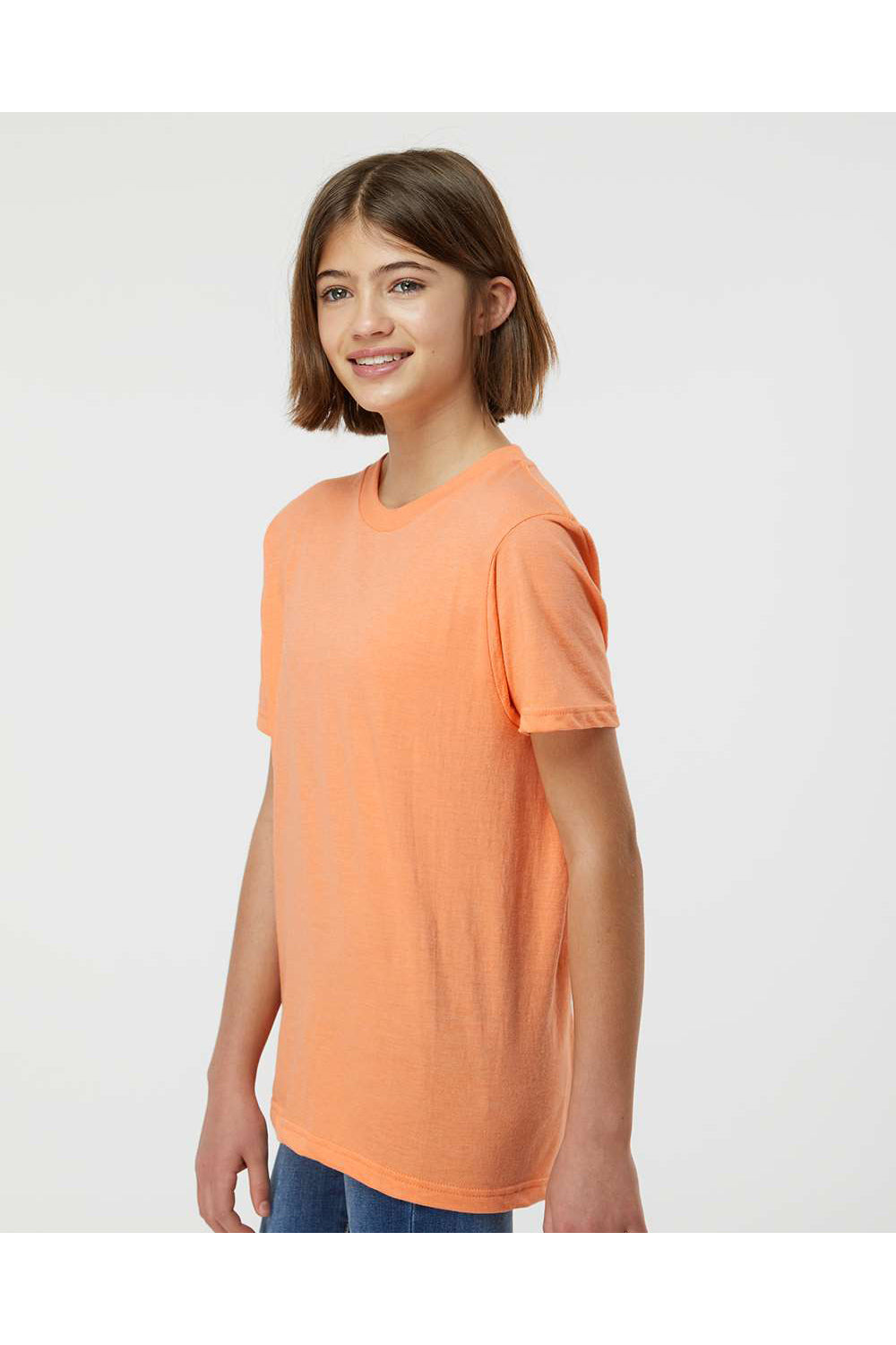 Tultex 235 Youth Fine Jersey Short Sleeve Crewneck T-Shirt Heather Cantaloupe Orange Model Side