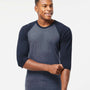 Tultex Mens Fine Jersey Raglan 3/4 Sleeve Crewneck T-Shirt - Heather Denim Blue/Navy Blue - NEW