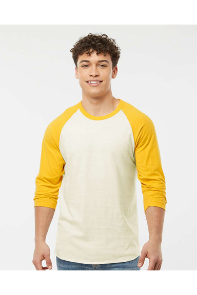 Tultex 245 Mens Fine Jersey Raglan 3/4 Sleeve Crewneck T-Shirt Vintage White/Mellow Yellow Model Front