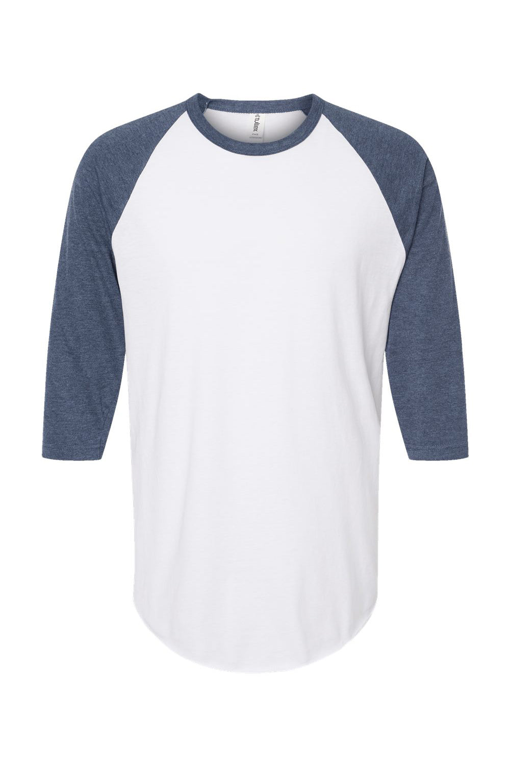 Tultex 245 Mens Fine Jersey Raglan 3/4 Sleeve Crewneck T-Shirt White/Heather Denim Blue Flat Front