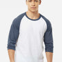 Tultex Mens Fine Jersey Raglan 3/4 Sleeve Crewneck T-Shirt - White/Heather Denim Blue