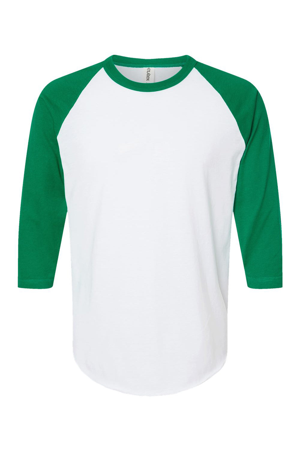 Tultex 245 Mens Fine Jersey Raglan 3/4 Sleeve Crewneck T-Shirt White/Kelly Green Flat Front