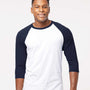 Tultex Mens Fine Jersey Raglan 3/4 Sleeve Crewneck T-Shirt - White/Navy Blue - NEW