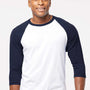 Tultex Mens Fine Jersey Raglan 3/4 Sleeve Crewneck T-Shirt - White/Navy Blue
