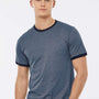 Tultex Mens Fine Jersey Ringer Short Sleeve Crewneck T-Shirt - Heather Denim Blue/Navy Blue