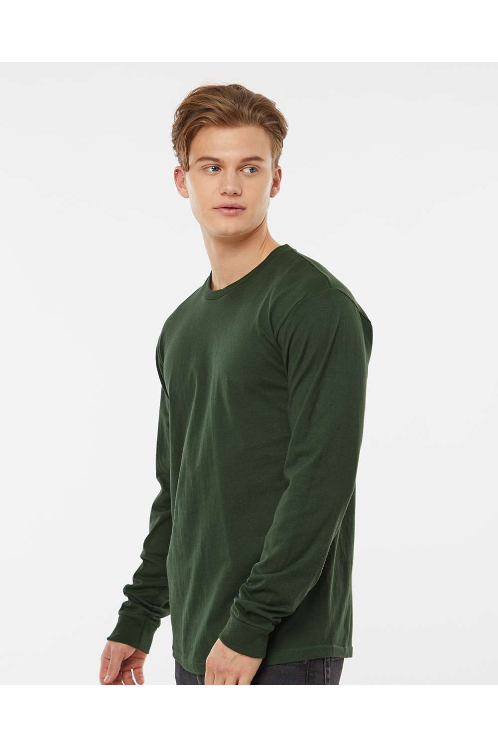 Tultex 291 Mens Jersey Long Sleeve Crewneck T-Shirt Hunter Green Model Side