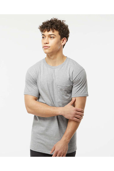 Tultex 293 Mens Jersey Short Sleeve Crewneck T-Shirt w/ Pocket Heather Grey Model Front