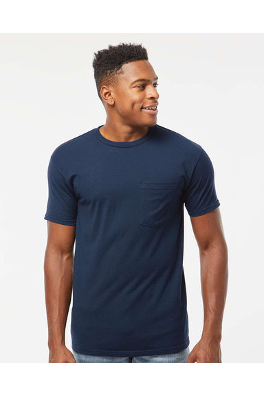 Tultex 293 Mens Jersey Short Sleeve Crewneck T-Shirt w/ Pocket Navy Blue Model Front