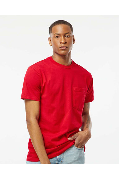 Tultex 293 Mens Jersey Short Sleeve Crewneck T-Shirt w/ Pocket Red Model Front