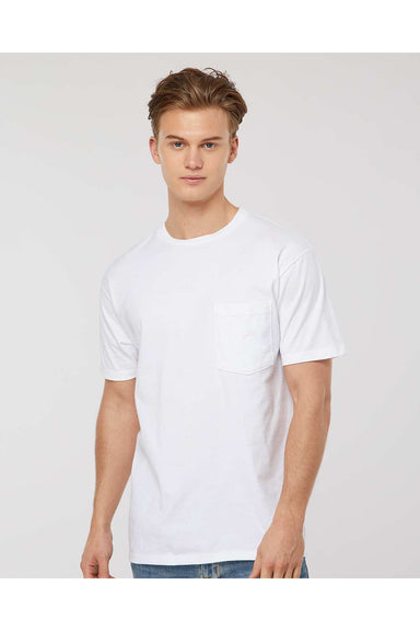 Tultex 293 Mens Jersey Short Sleeve Crewneck T-Shirt w/ Pocket White Model Front