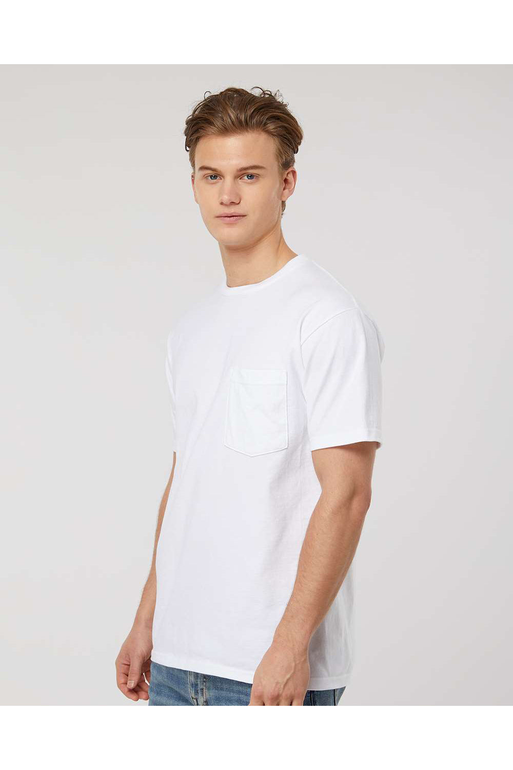 Tultex 293 Mens Jersey Short Sleeve Crewneck T-Shirt w/ Pocket White Model Side