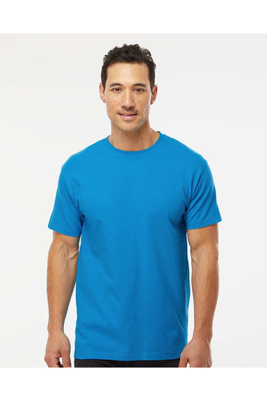 M&O 4800 Mens Gold Soft Touch Short Sleeve Crewneck T-Shirt Turquoise Blue Model Front