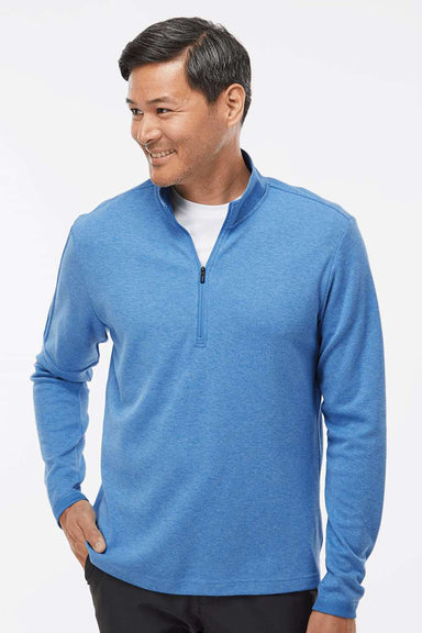 Adidas A554 Mens 3 Stripes 1/4 Zip Sweater Focus Blue Melange Model Front