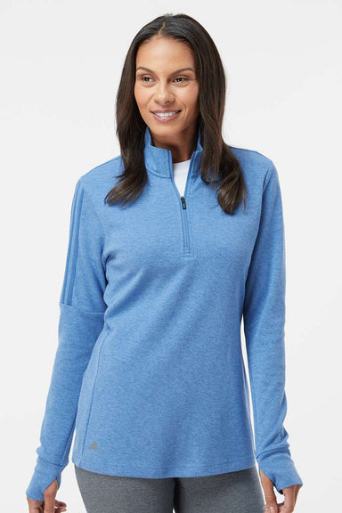 Adidas A555 Womens 3 Stripes 1/4 Zip Sweater Focus Blue Melange Model Front