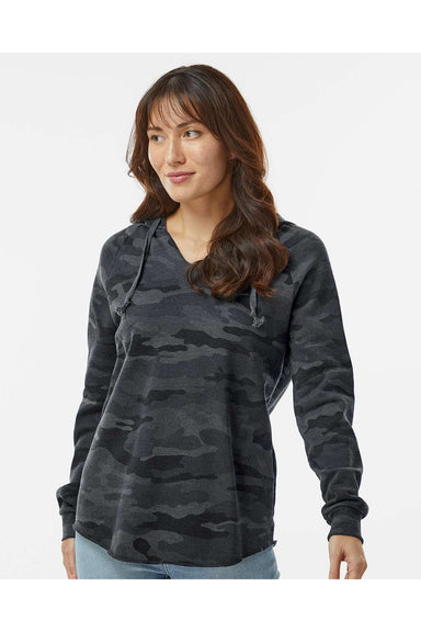 Independent Trading Co. PRM2500 Womens California Wave Wash Hooded Sweatshirt Hoodie Heather Black Camo Model Front