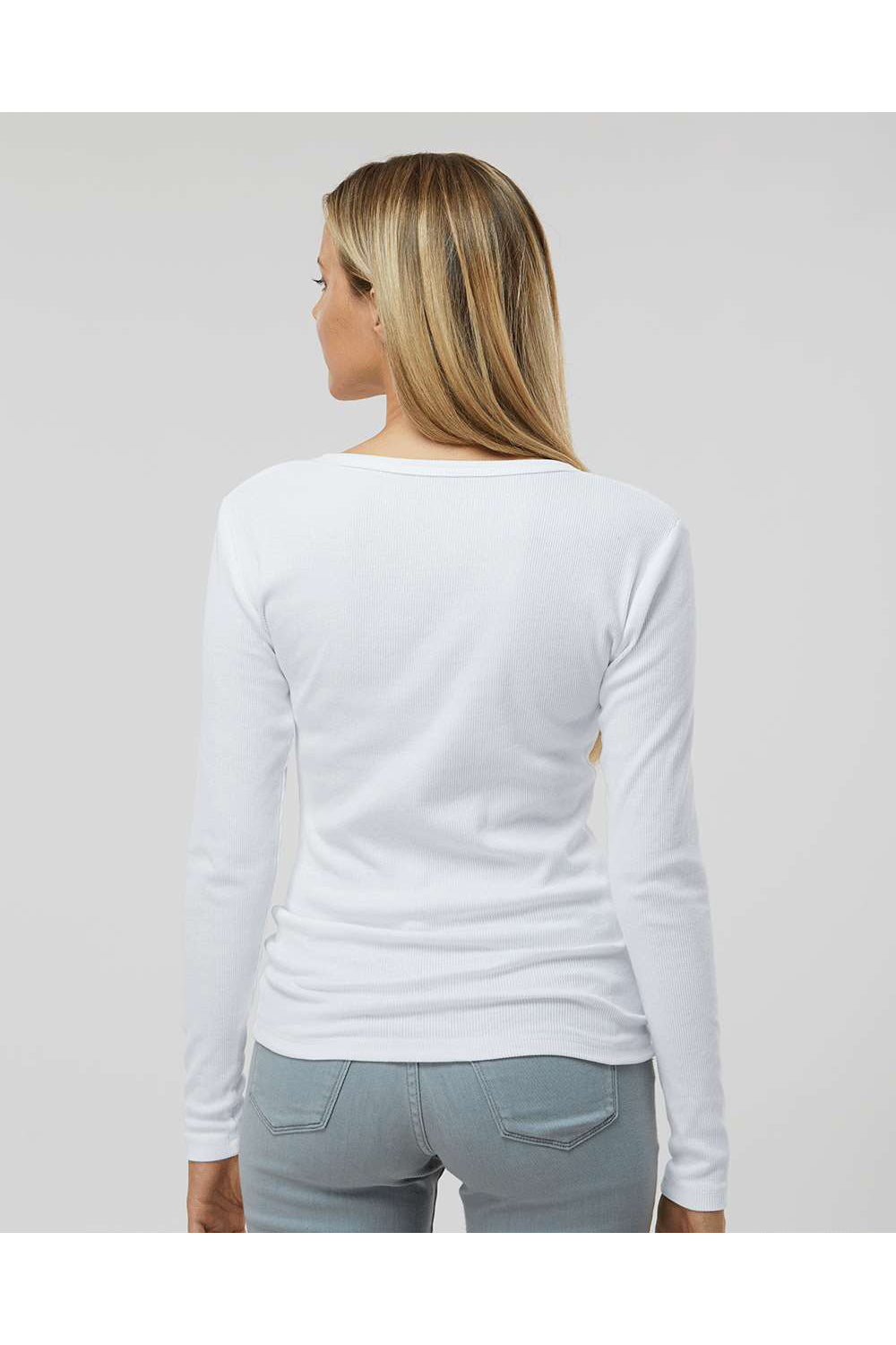 Boxercraft BW2402 Womens Harper Long Sleeve Henley T-Shirt White Model Back