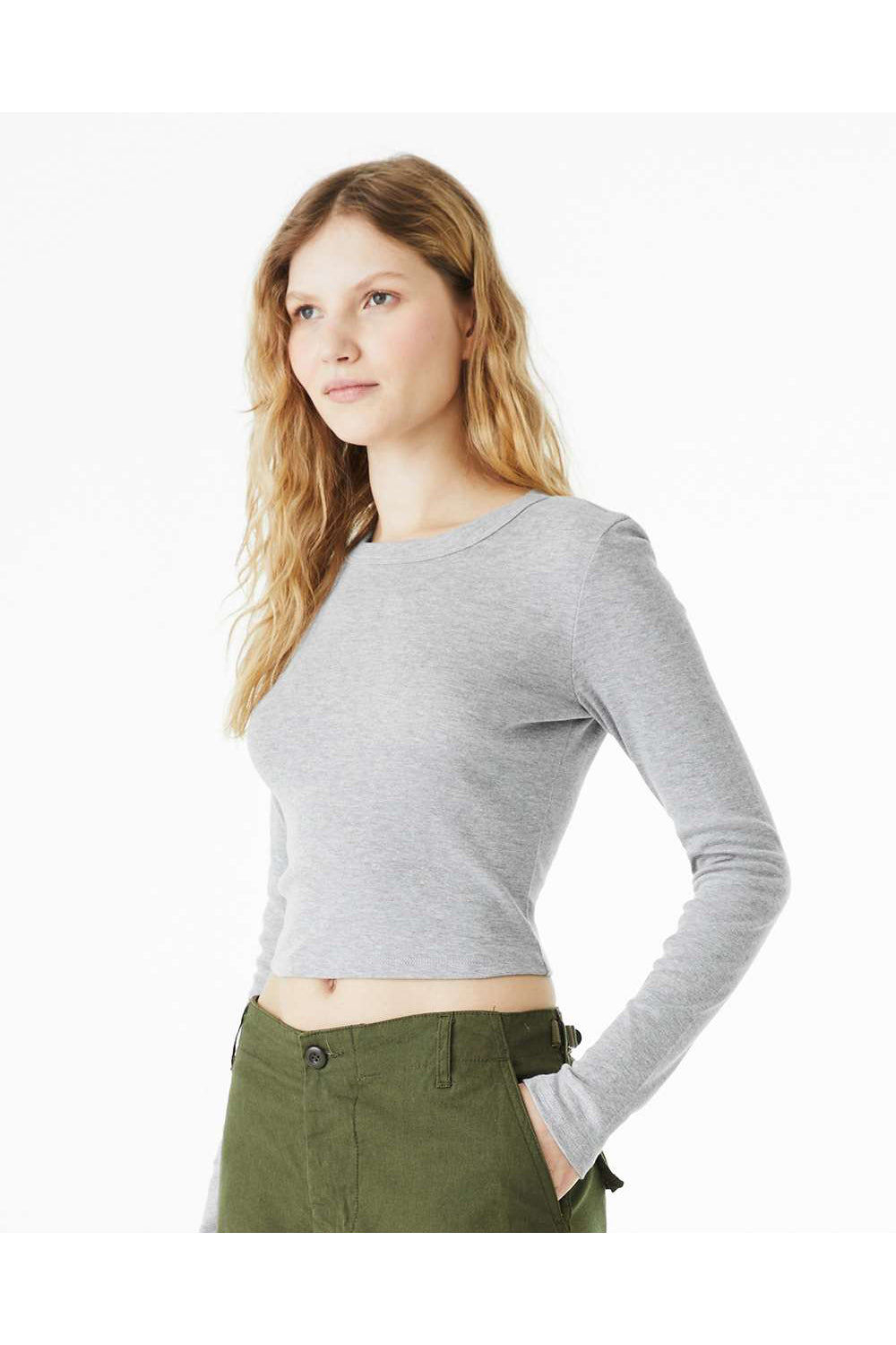 Bella + Canvas 1501 Womens Micro Rib Long Sleeve Crewneck T-Shirt Heather Grey Model Side