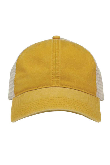 The Game GB460 Mens Pigment Dyed Trucker Hat Mustard Yellow/Stone Flat Front
