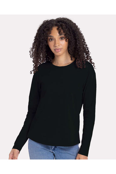Next Level 3911 Womens Relaxed Long Sleeve Crewneck T-Shirt Black Model Front