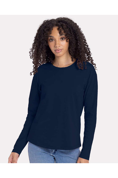 Next Level 3911 Womens Relaxed Long Sleeve Crewneck T-Shirt Midnight Navy Blue Model Front