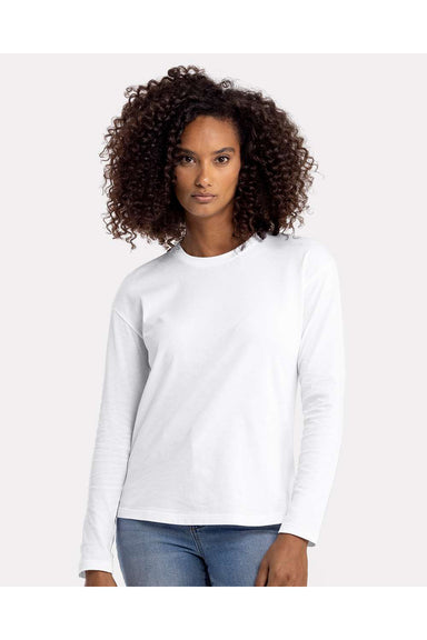 Next Level 3911 Womens Relaxed Long Sleeve Crewneck T-Shirt White Model Front