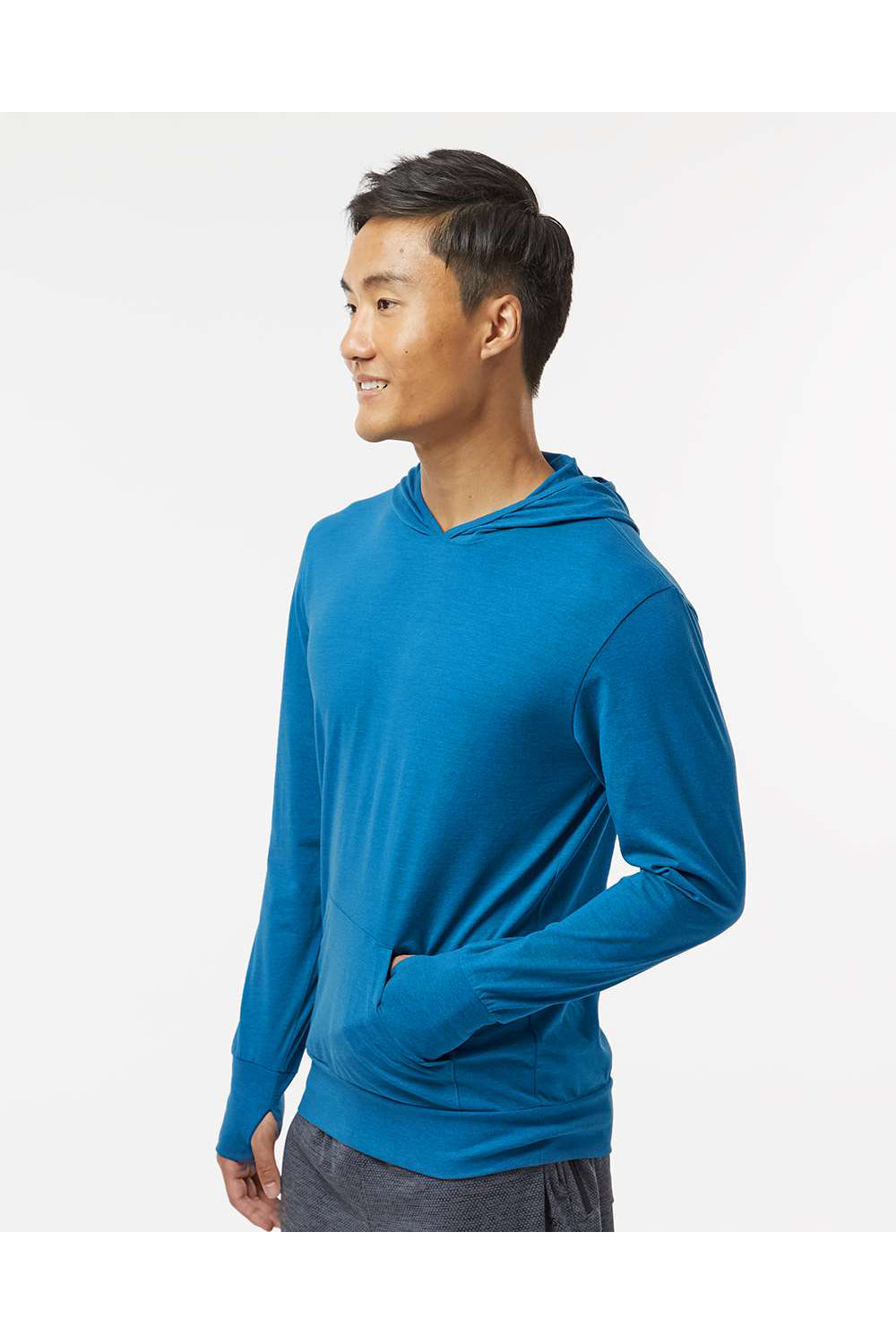 Kastlfel 4022 Mens RecycledSoft Hooded Long Sleeve T-Shirt Hoodie Breaker Blue Model Side