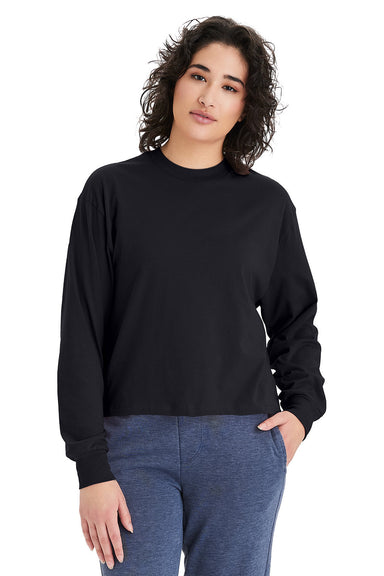 Alternative 1176 Womens Cropped Long Sleeve Crewneck T-Shirt Black Model Front