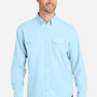 Huk Mens Tide Point Moisture Wicking Long Sleeve Button Down Shirt w/ Pocket - Crystal Blue - NEW