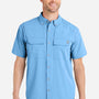 Huk Mens Creekbed Moisture Wicking Short Sleeve Button Down Shirt w/ Double Pockets - Marolina Blue - NEW