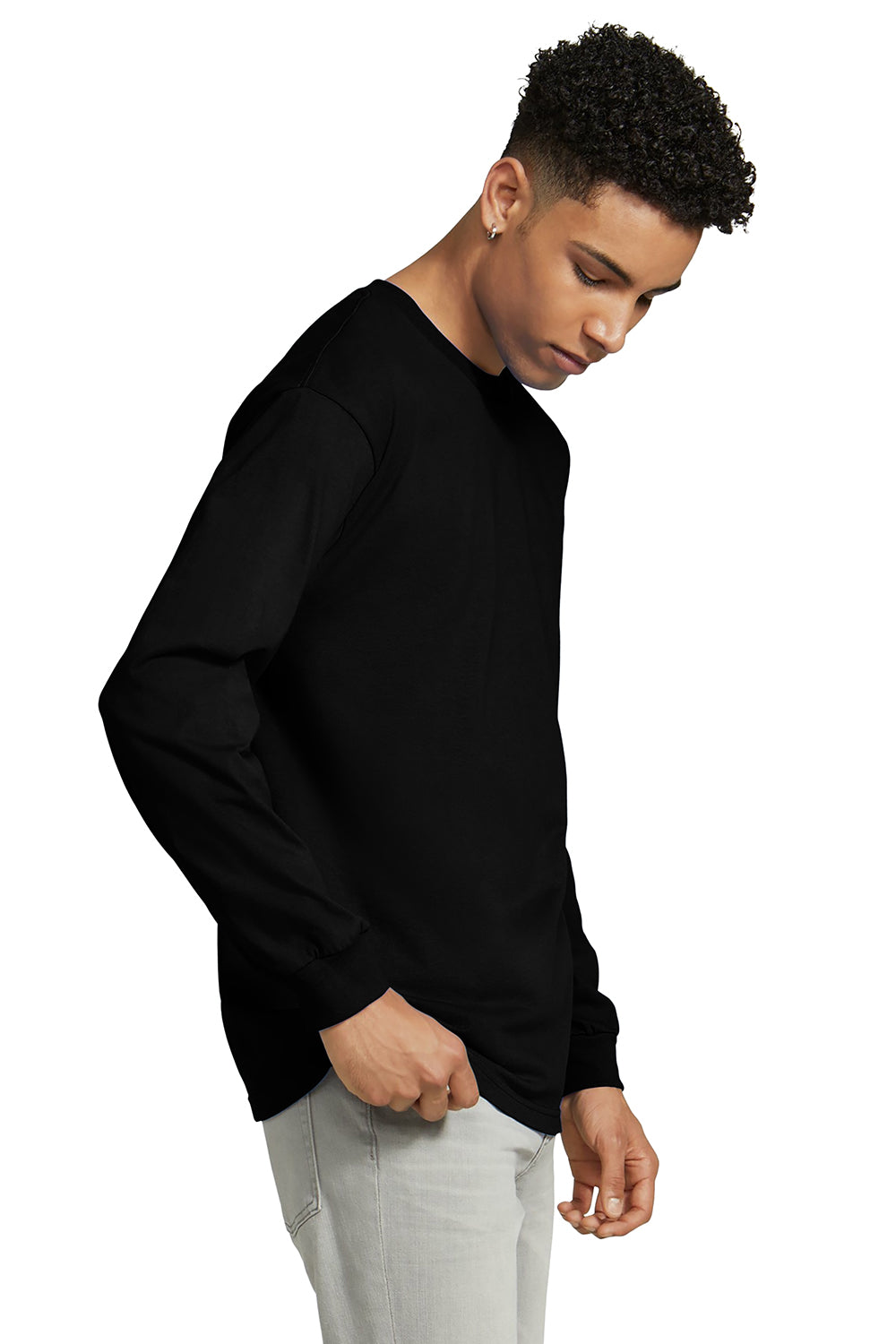 American Apparel AL1304/1304 Mens Long Sleeve Crewneck T-Shirt Black Model Side