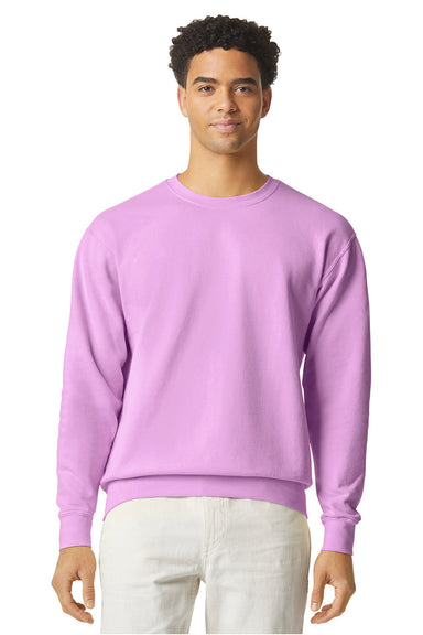 Comfort Colors 1466 Mens Garment Dyed Fleece Crewneck Sweatshirt Neon Violet Purple Model Front