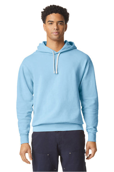 Comfort Colors 1467 Mens Garment Dyed Fleece Hooded Sweatshirt Hoodie Hydrangea Blue Model Front