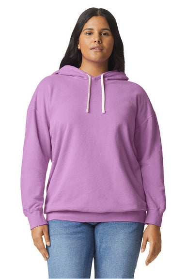 Comfort Colors 1467 Mens Garment Dyed Fleece Hooded Sweatshirt Hoodie Neon Violet Purple Model Front